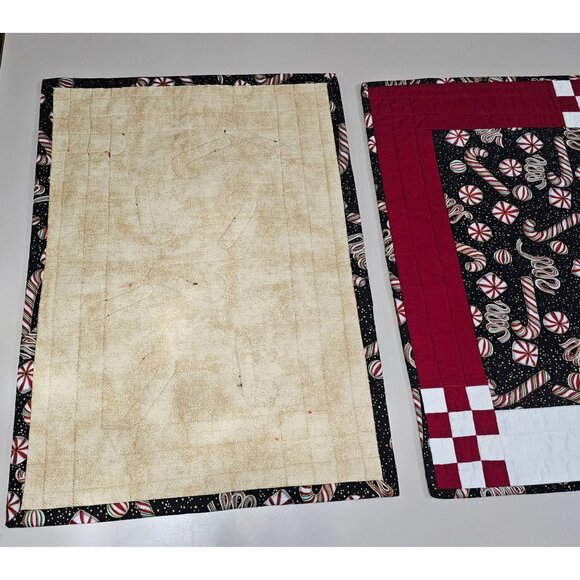 Handcrafted Christmas Quilted Placemats 20x14.5" set/2 peppermints black red whi - Picture 6 of 10